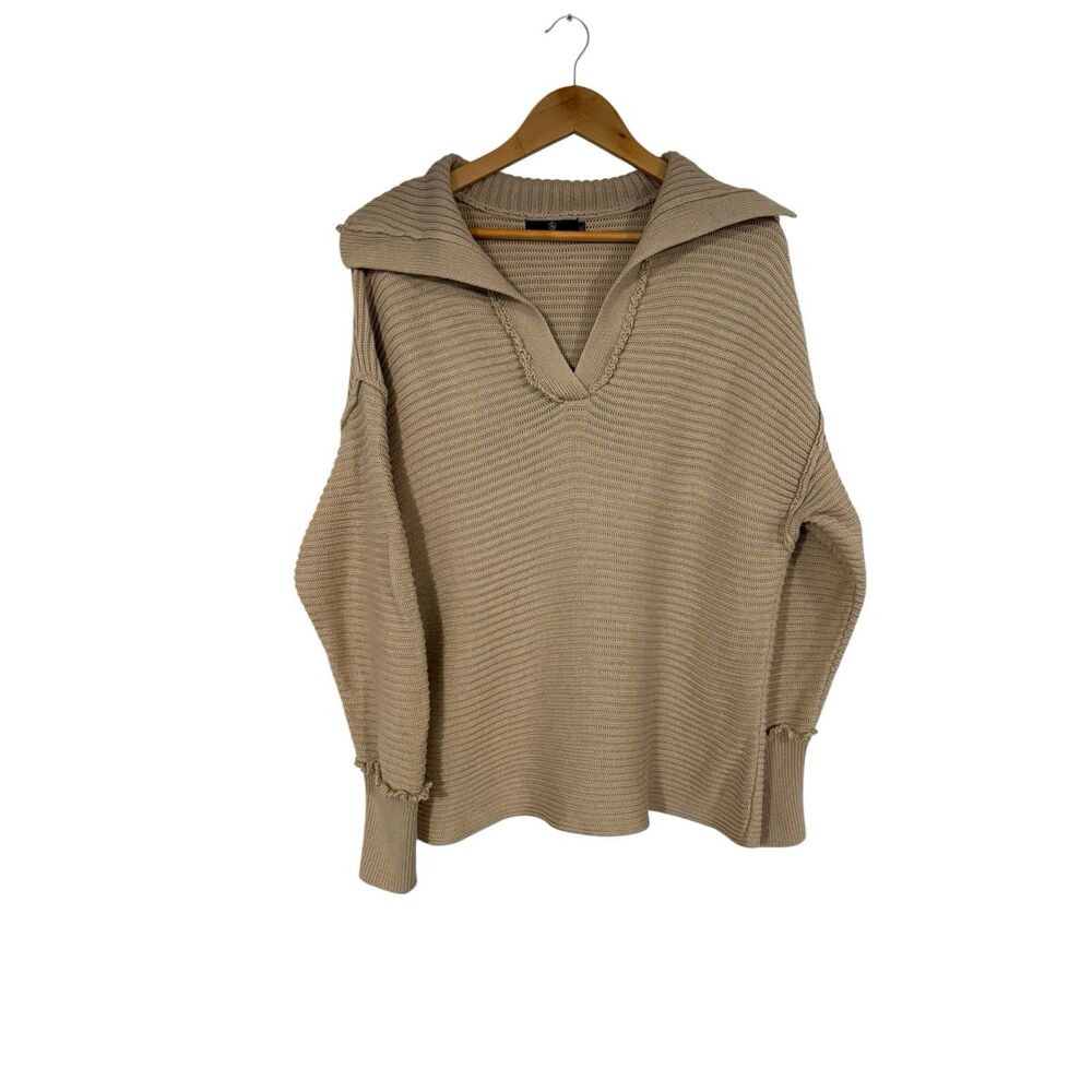 Lillusory Beige Ribbed Knit Women's XL Sweater V-Neck faux unfinished details